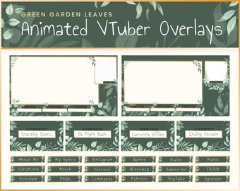 Animated Vtuber Stream Overlay Package - Green Garden Leaves | Twitch | Overlay | Banner | Scenes | Offline | Magic | Elegant | Boho