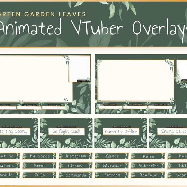 Animated Vtuber Stream Overlay Package - Green Garden Leaves | Twitch | Overlay | Banner | Scenes | Offline | Magic | Elegant | Boho