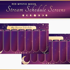 May include: Two printable digital planner screens with a purple and gold color scheme. The screens feature a crescent moon, stars, and a celestial design. The screens are labeled with the days of the week and the text "My Stream Schedule".