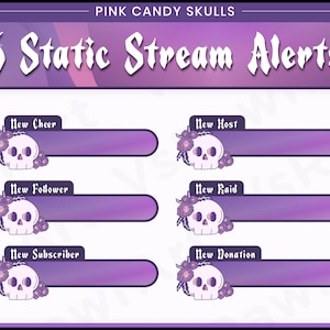 Stream Alerts - Pink Candy Skulls | Twitch | Overlay | Banner | Streamer | Offline | Halloween | Pastel | Cute | Gothic | Purple