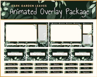 Animated Stream Overlay Package - Dark Green Garden Leaves | Twitch | Overlay | Banner | Scenes | Offline | Magic | Panels | Elegant | Boho