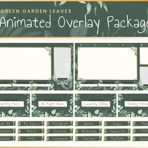 Animated Stream Overlay Package - Green Garden Leaves | Twitch | Overlay | Banner | Scenes | Offline | Magic | Panels | Elegant | Boho