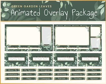 Animated Stream Overlay Package - Green Garden Leaves | Twitch | Overlay | Banner | Scenes | Offline | Magic | Panels | Elegant | Boho