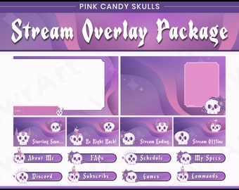 Stream Overlay Package - Pink Candy Skulls | Twitch | Overlay | Banner | Streamer | Offline | Halloween | Pastel | Cute | Gothic | Purple
