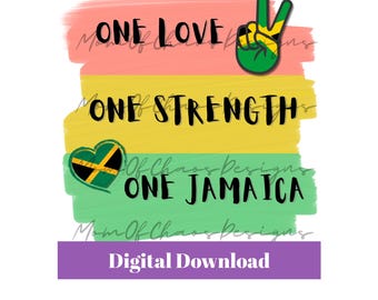 Può includere: Download digitale con un design con le parole "ONE LOVE, ONE STRENGTH, ONE JAMAICA" in testo nero su pennellate colorate. Include un segno di pace e un cuore con i colori della bandiera giamaicana.