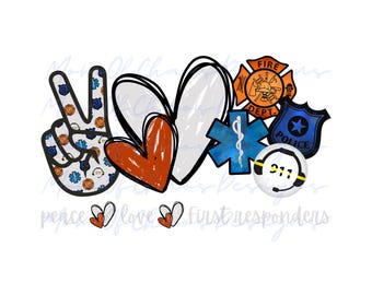May include: A graphic design featuring a peace sign, hearts, and symbols representing first responders. The peace sign is patterned with emergency service icons. The design includes a fire department badge, police badge, and a 911 headset.