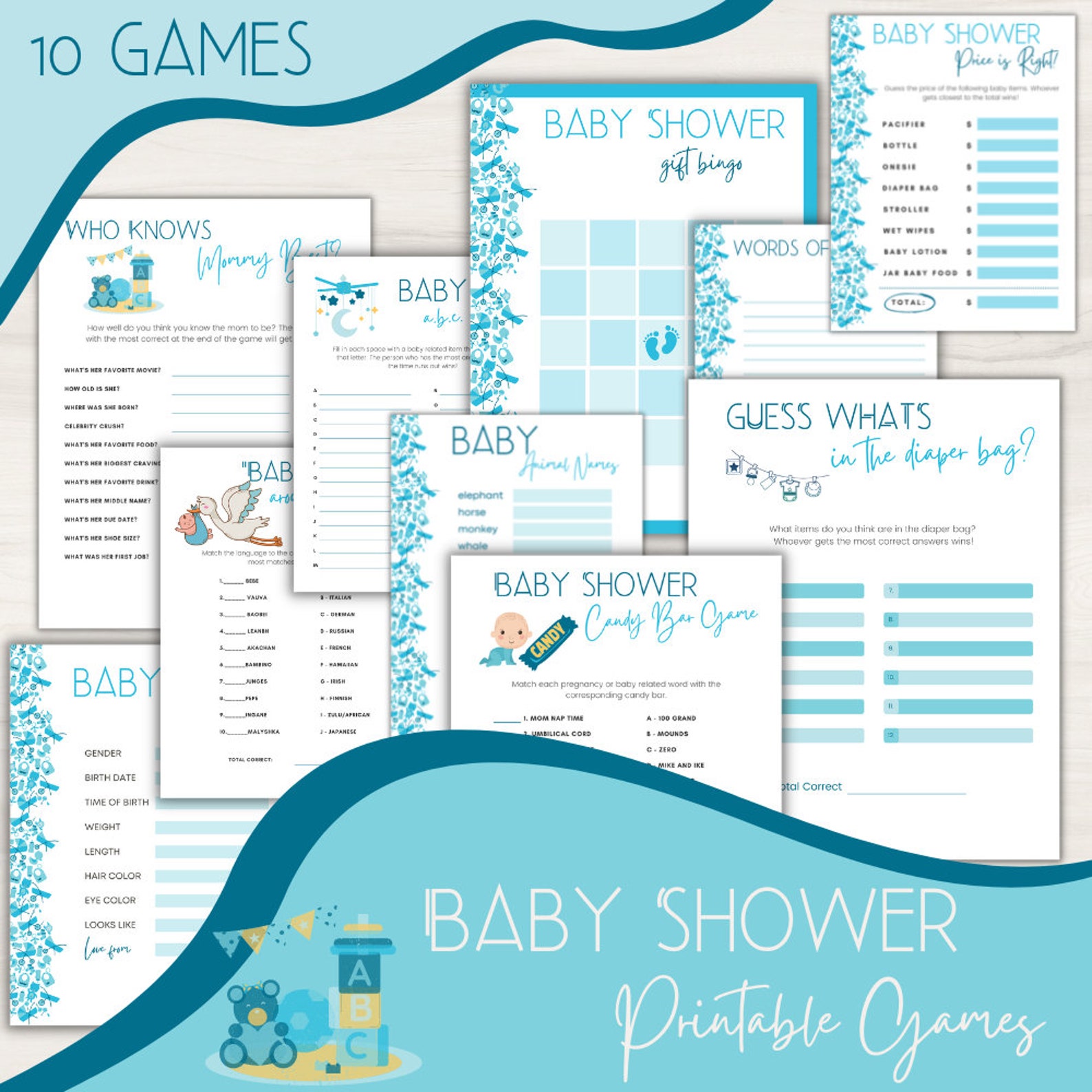 Baby Shower Games Bundle Printables Baby Boy Games Blue Etsy