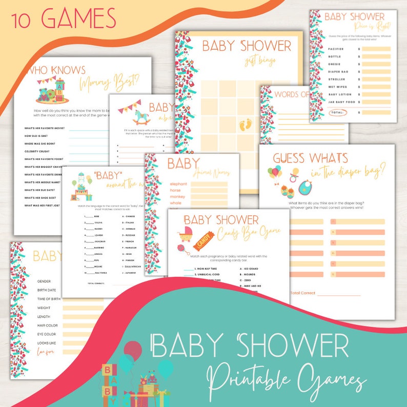 Baby Shower Games Bundle, Printables, Baby Gender Neutral Games, Yellow
