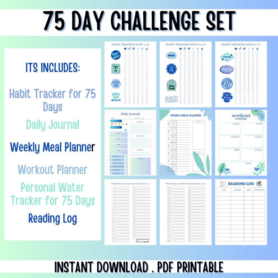 75 Day Challenge Planner Set: Daily Journal, Habit & Meal Tracker ...