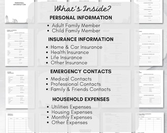 May include: A black and white printable planner with a list of sections including personal information, insurance information, emergency contacts, household expenses, and usernames and passwords. The planner has a decorative border with a swirling pattern.