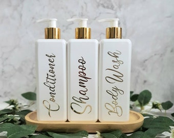 Square Bottles | White/Gold pump and White bottle Shampoo, Conditioner and Body Wash Bottles | 500ml | Reusable