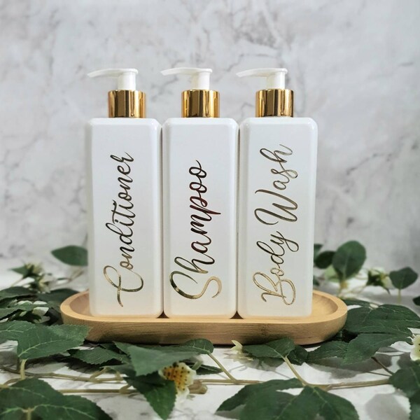 Square Bottles | White/Gold pump and White bottle Shampoo, Conditioner and Body Wash Bottles | 500ml | Reusable