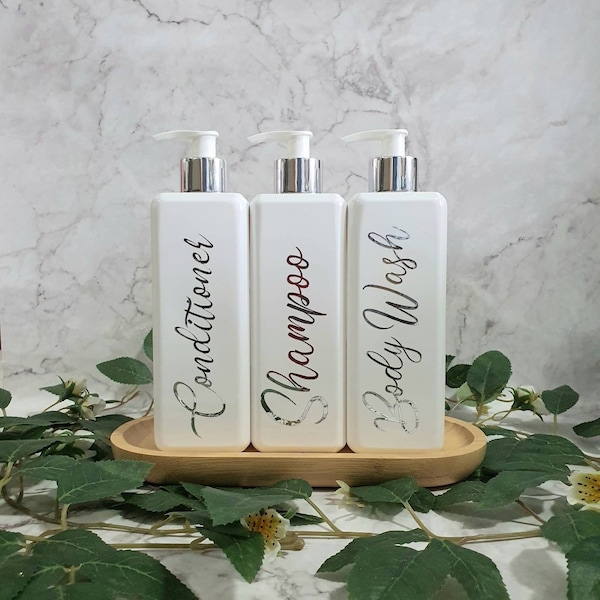 Square Bottles | White/Silver pump and White bottle Shampoo, Conditioner and Body Wash Bottles | 500ml | Reusable