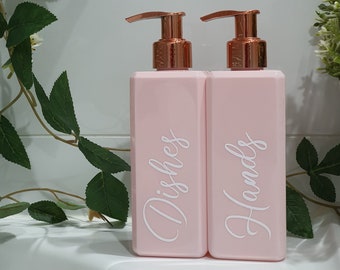 250ml Rose Gold pump on Square Pink Bottle | Hands and Dishes Bottles | Reusable