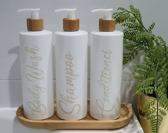 White Bottles with White and Bamboo Pumps | 500ml | Shampoo | Conditioner | Body Wash | Reusable Bottles