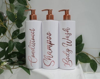 Rose Gold and White Shampoo, Conditioner and Body Wash Bottles | 500ml | Reusable