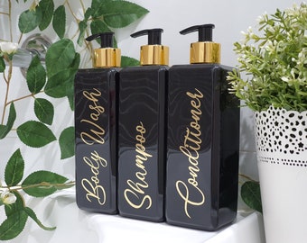 Square Black bottle with Black & Gold pump |Shampoo, Conditioner and Body Wash Bottles | 500ml | Reusable