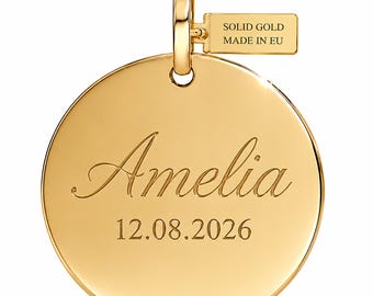 Solid 14k,10k,9ct Gold Pendant Engravable Round Disc Charm  Custom Initial Tag Necklace (8mm-18mm)
