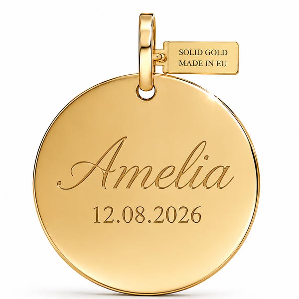 Solid Gold Engravable Round Disc Charm Necklace, Custom Initial Pendant