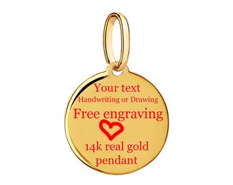 14K Solid Gold Pendant, Personalized Initial disc, Custom Engraved Charm
