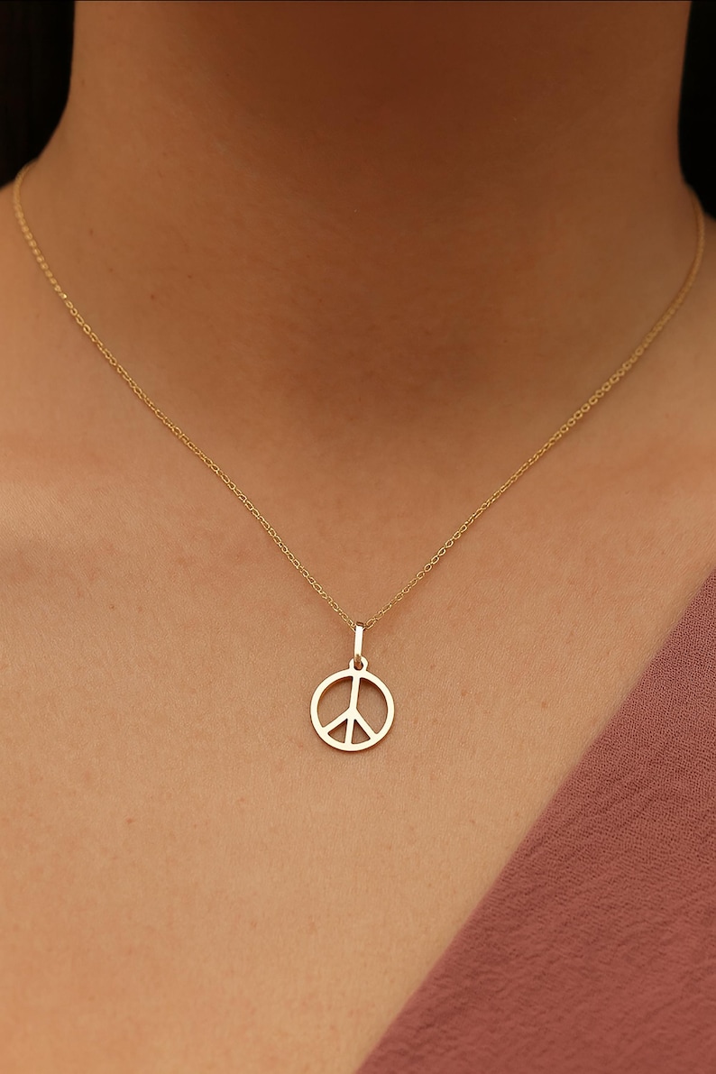 Solid Gold Pendant Peace Symbol Charm or Necklace - Choose 9ct 10K or 14K image 2