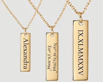 Gold Pendant Vertical Bar Tag Personalised Charm Custom Initial engraving coordinates date name 14K/10K/9ct Solid Gold (without chain)