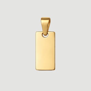 May include: A polished gold-tone rectangular pendant featuring a smooth, flat surface and a rounded bail at the top. The pendant has a clean, minimalist design with straight edges and a reflective metallic finish, suitable for a necklace chain.