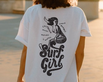 Surf Girl Shirt | Hand Drawn Graphic on the Back | Surfing Shirt For Womem | Summer Vibes, Gift for Surfer, Surfer T Shirt, Surf Vintage Tee