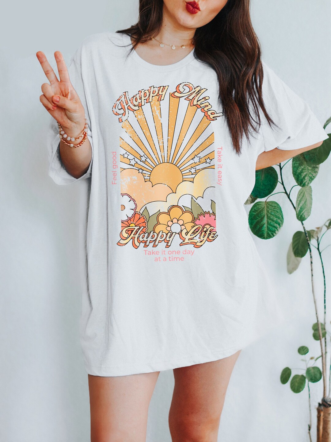 Dresswel Oversize T Shirt da donna Good Vibes con stampa arcobaleno
