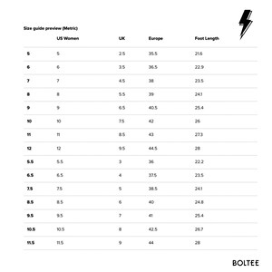 Peut inclure: Un tableau blanc pr&eacute;sentant un guide des tailles de chaussures pour femmes. Il indique les tailles US, UK et europ&eacute;ennes, ainsi que la longueur du pied en centim&egrave;tres. Un logo d'&eacute;clair noir est en haut &agrave; droite.