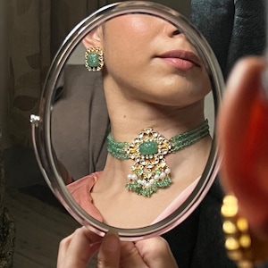 Kundan Choker Set: 925 Silver, Carved Stone, Pearl Indian Jewelry