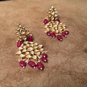 Boucles d&#39;oreilles Kundan en argent 925 plaqué or : Bijoux de mariage en perles roses et perles roses