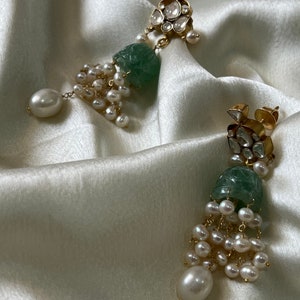 925 Sterling silver gold plated Earrings with green jade and pearls, Handcrafted chand earrings for women, Traditional kundan jhumiks.