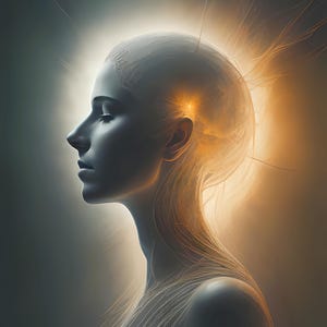 May include: Digital art portrait of a person in profile, rendered in shades of gray and gold. The image features a glowing aura around the head and neck, with light emanating from the head. The person's eyes are closed.