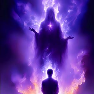 May include: A person in a meditative pose with a purple aura, surrounded by flames. A glowing figure with a star in its chest appears above the person.