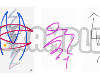 May include: Three abstract drawings on a white background. The first drawing is a blue and red swirl with a yellow dot in the center. The second drawing is a purple swirl. The third drawing is a gray line drawing of a chair.