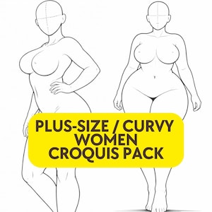 May include: A digital line art illustration featuring two full-body figures with curvy proportions. A yellow rectangular banner in the center displays the black text PLUS-SIZE / CURVY WOMEN CROQUIS PACK. The figures are shown in a front-facing pose.