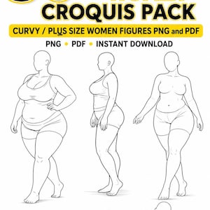 May include: A digital drawing guide featuring 50+ curvy plus size women croquis pack figures in PNG and PDF formats. The image displays four black and white line art illustrations of figures in various poses, including standing and reclining positions.