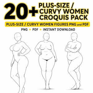 May include: A digital drawing pack titled 20+ PLUS-SIZE / CURVY WOMEN CROQUIS PACK, PLUS-SIZE / CURVY WOMEN FIGURES PNG and PDF, PNG PDF INSTANT DOWNLOAD. The image displays three black and white line art sketches of plus-size female figures.