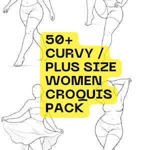 Könnte beinhalten: Strichzeichnungen von vier kurvigen Frauen in verschiedenen Posen. Die Figuren tragen Shorts und ein trägerloses Oberteil oder Kleid. Text auf gelbem Hintergrund: "50+ CURVY / PLUS SIZE WOMEN CROQUIS PACK."