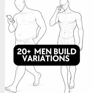 Puede incluir: Ilustración lineal de dos figuras masculinas con diferentes tipos de cuerpo. Una figura sostiene un teléfono, la otra se ajusta las gafas. Texto en un rectángulo negro: "20+ MEN BUILD VARIATIONS".
