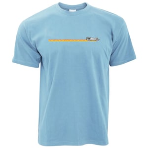May include: A light blue t-shirt featuring a graphic of a DeLorean time machine driving through flames.