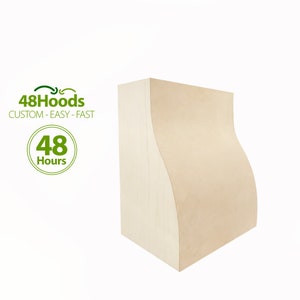 May include: A light wood kitchen hood with a curved front. The hood is made of unfinished wood and is ready to be painted or stained.