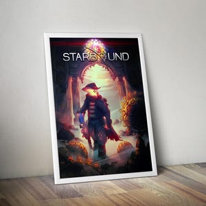 May include: Framed poster featuring the word "STARBOUND" at the top. The artwork depicts a character in a hat and coat, standing in a fantasy setting with archways and glowing orbs. The color palette includes shades of red, blue, and gold.