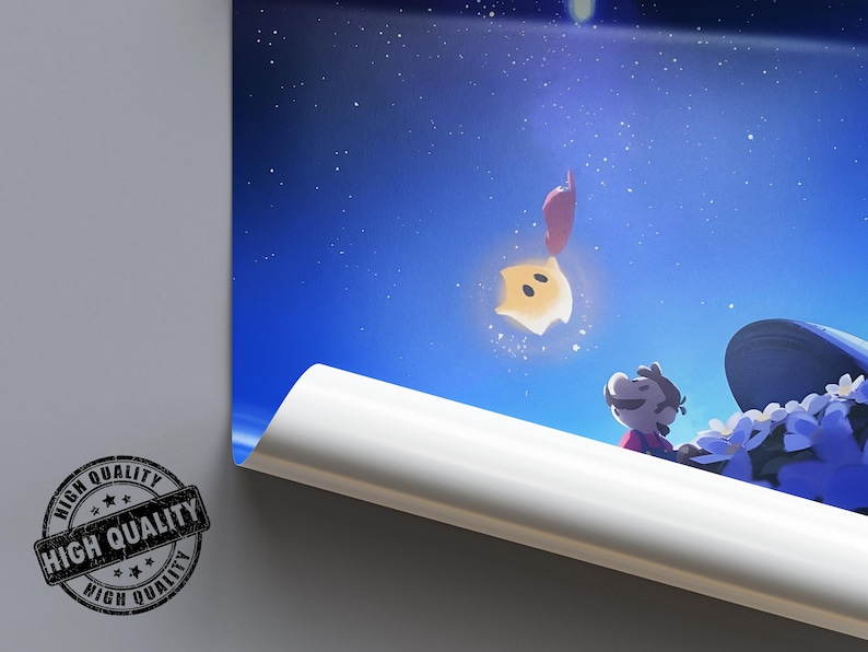 Puede incluir: Impresi&oacute;n art&iacute;stica digital que representa un cielo estrellado con un personaje en forma de estrella brillante y un personaje de dibujos animados. La impresi&oacute;n tiene una combinaci&oacute;n de colores azul y blanco, con un sello de alta calidad en la esquina inferior izquierda.