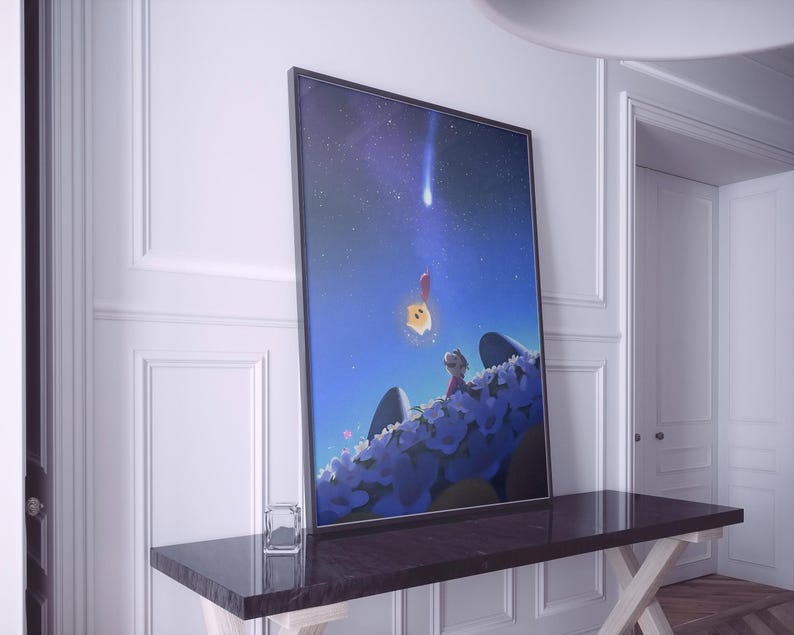 Puede incluir: Impresi&oacute;n art&iacute;stica enmarcada que presenta una escena celestial con una estrella fugaz y dos figuras. La obra de arte utiliza una paleta de colores azul y morado. Una persona est&aacute; de pie sobre una colina de flores azules.