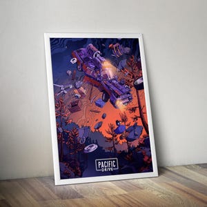 May include: A framed art print featuring a stylized illustration of a purple car in mid-air, surrounded by floating debris and set against a forest and sunset backdrop. The print includes the text "PACIFIC DRIVE".