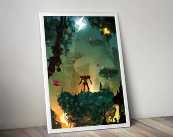 Póster de Samus / Impresión de arte de pared de Metro / Decoración de juegos independientes / Póster de videojuego de 4 colores / Decoración de pared grande 3