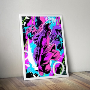 Op de afbeelding: Een ingelijste kunstdruk met een dynamische illustratie in neonkleuren. Het kunstwerk toont een centrale figuur in een vechthouding, omringd door andere personages en het woord "KATANA". Het ontwerp bevat levendige roze, blauwe en groene accenten.