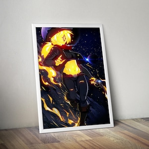 May include: A framed art print featuring a stylized anime character with fiery yellow hair and a black outfit. The character is set against a dark space background with planets and stars, with flames around the character.